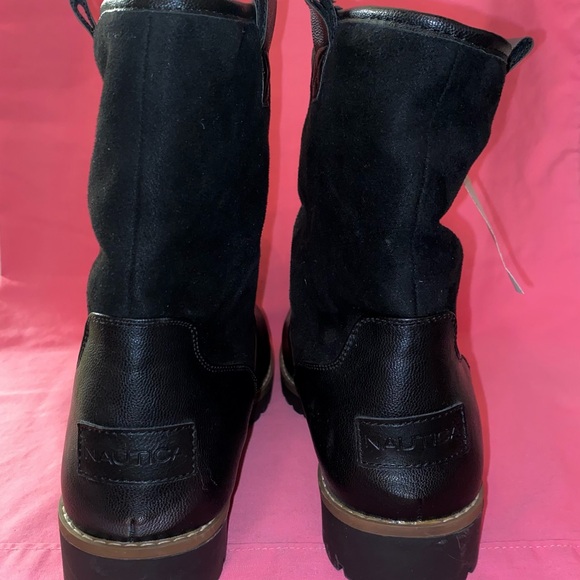 Nautica Boots Black Cream Faux Leather Suede Shearling Women 9.5 Men 8 Cozy Chic - Picture 5 of 13